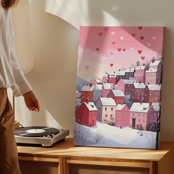 Magical Winter Village Canvas – Heart-Shaped Snowfall on Snowy Hill - Gifitto
