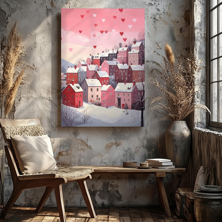Magical Winter Village Canvas – Heart-Shaped Snowfall on Snowy Hill - Gifitto
