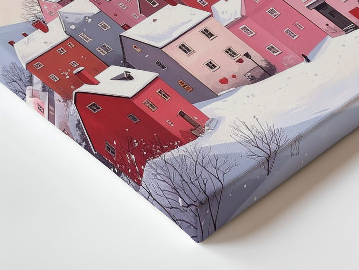 Magical Winter Village Canvas – Heart-Shaped Snowfall on Snowy Hill - Gifitto