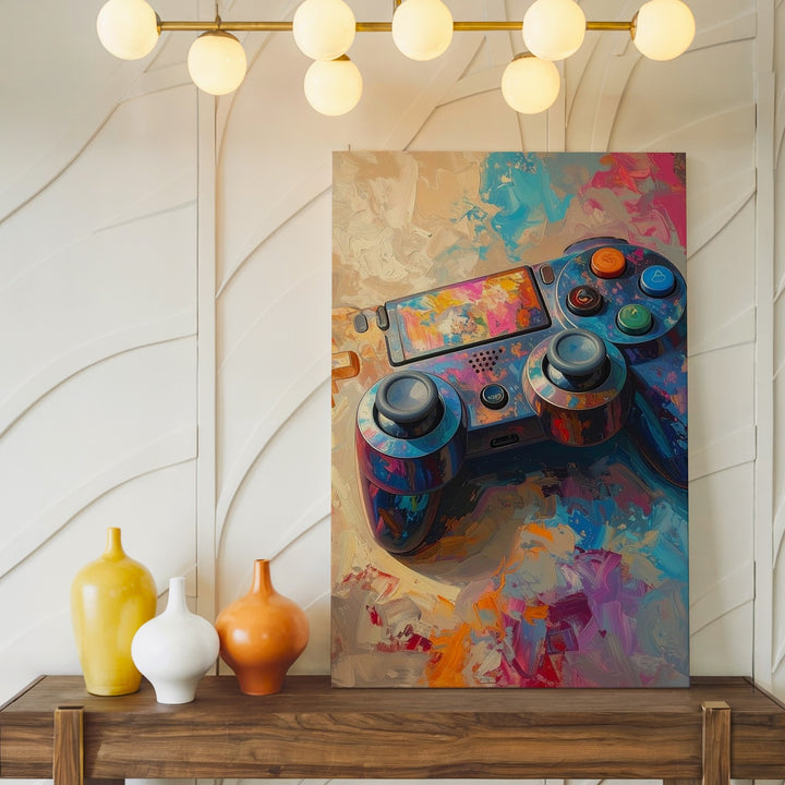 Abstract Gamer Canvas – Metallic Controller in Swirling Brushstroke Art - Gifitto