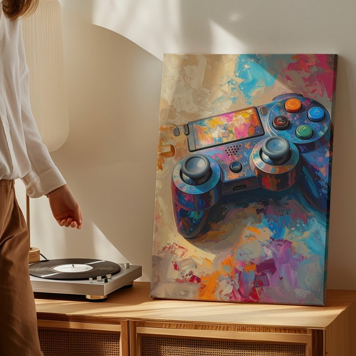 Abstract Gamer Canvas – Metallic Controller in Swirling Brushstroke Art - Gifitto