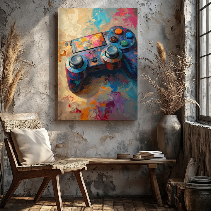 Abstract Gamer Canvas – Metallic Controller in Swirling Brushstroke Art - Gifitto