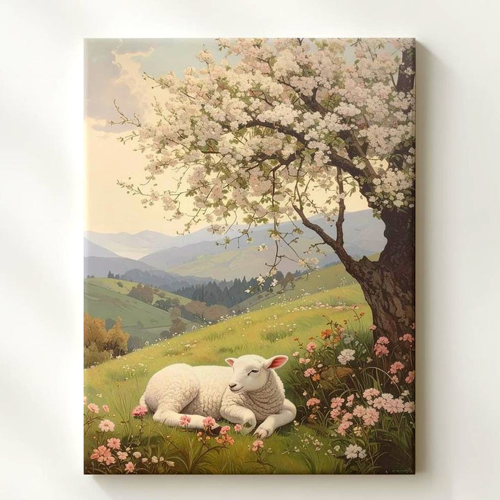 Serene Lamb in Flower Field Canvas – Peaceful Pastoral Wall Art - Gifitto