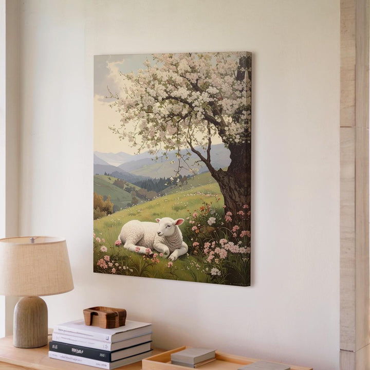 Serene Lamb in Flower Field Canvas – Peaceful Pastoral Wall Art - Gifitto