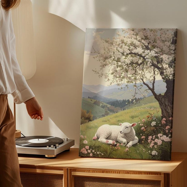 Serene Lamb in Flower Field Canvas – Peaceful Pastoral Wall Art - Gifitto