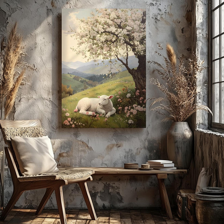 Serene Lamb in Flower Field Canvas – Peaceful Pastoral Wall Art - Gifitto