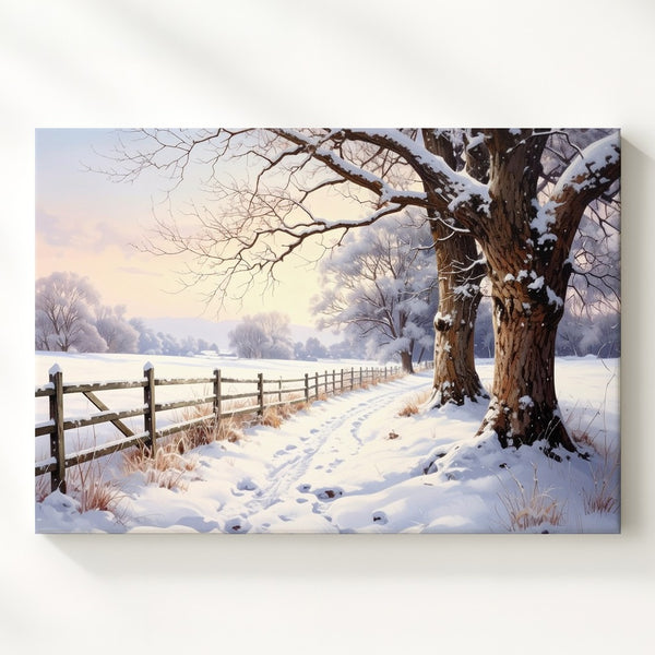 Golden Dusk Winter Path Canvas – Serene Rural Landscape with Snow & Trees - Gifitto