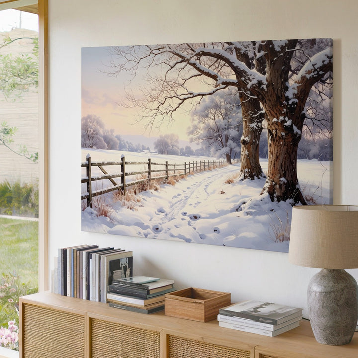 Golden Dusk Winter Path Canvas – Serene Rural Landscape with Snow & Trees - Gifitto