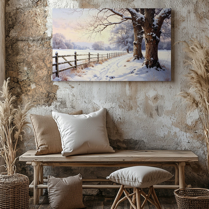 Golden Dusk Winter Path Canvas – Serene Rural Landscape with Snow & Trees - Gifitto