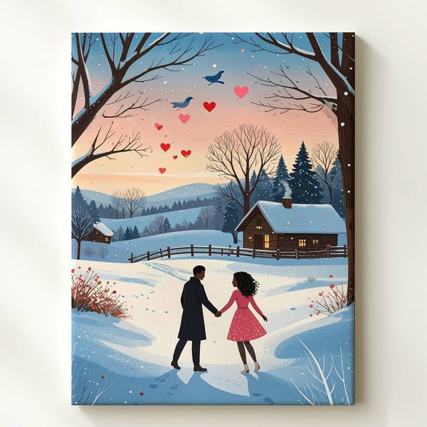 Romantic Winter Stroll Canvas – Couple Walking Hand-in-Hand with Hearts and Bluebird - Gifitto