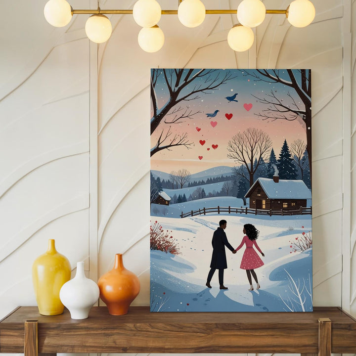 Romantic Winter Stroll Canvas – Couple Walking Hand-in-Hand with Hearts and Bluebird - Gifitto