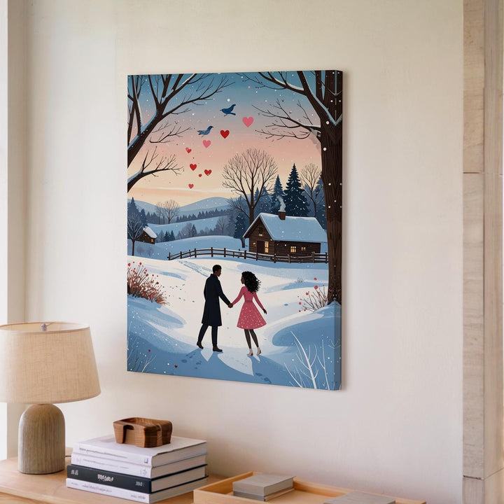 Romantic Winter Stroll Canvas – Couple Walking Hand-in-Hand with Hearts and Bluebird - Gifitto