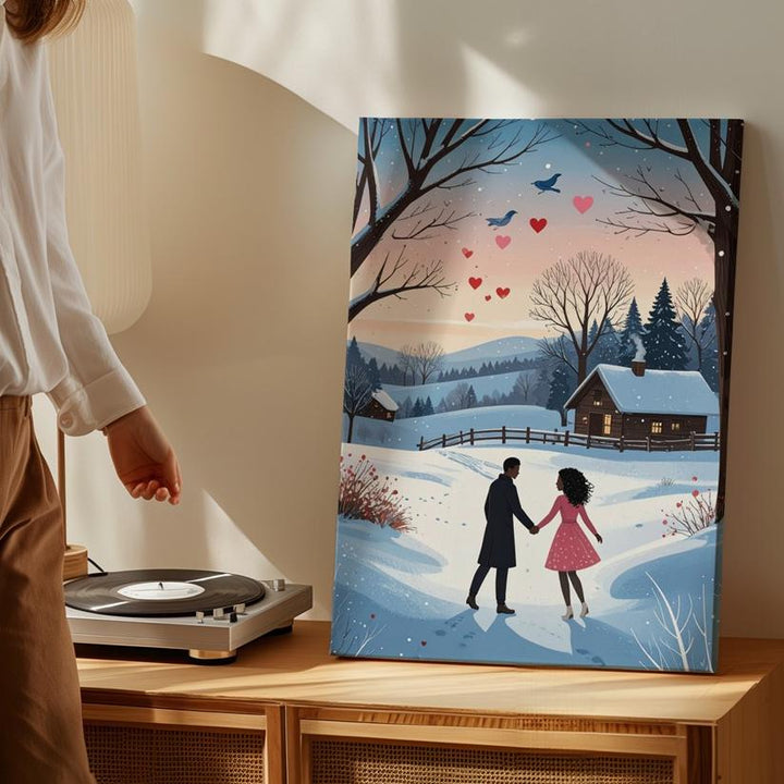 Romantic Winter Stroll Canvas – Couple Walking Hand-in-Hand with Hearts and Bluebird - Gifitto