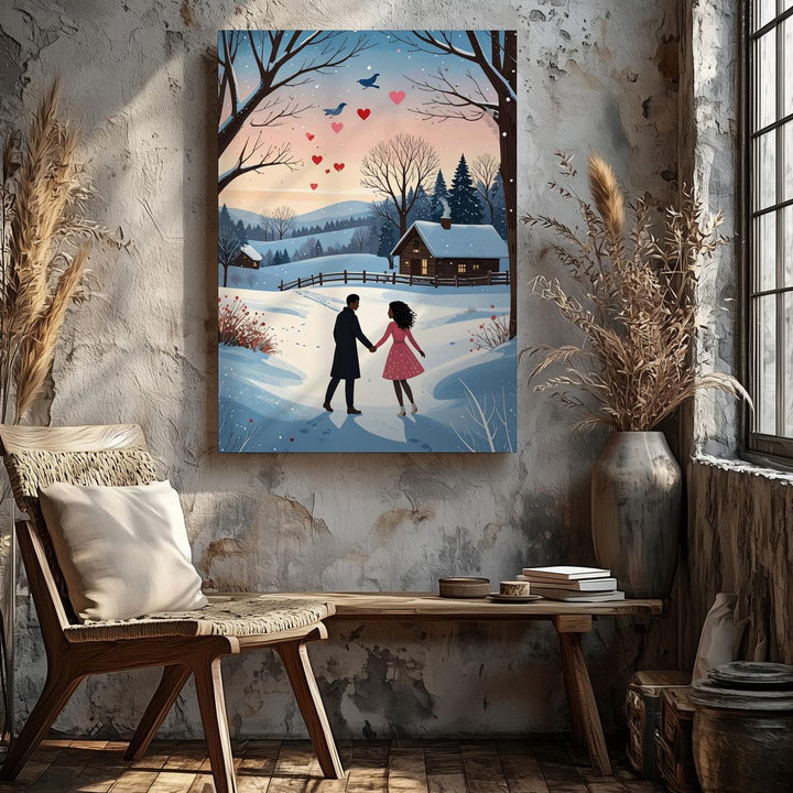 Romantic Winter Stroll Canvas – Couple Walking Hand-in-Hand with Hearts and Bluebird - Gifitto