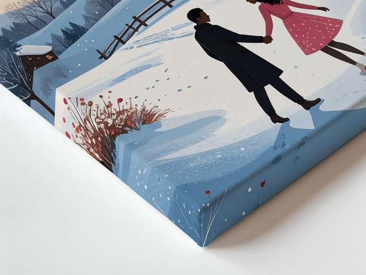 Romantic Winter Stroll Canvas – Couple Walking Hand-in-Hand with Hearts and Bluebird - Gifitto