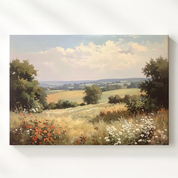 Wildflower Meadow Landscape Canvas – Soft Pastoral Hillside Wall Art - Gifitto