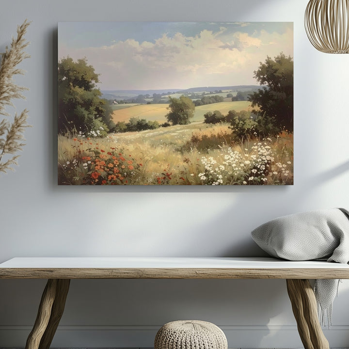 Wildflower Meadow Landscape Canvas – Soft Pastoral Hillside Wall Art - Gifitto
