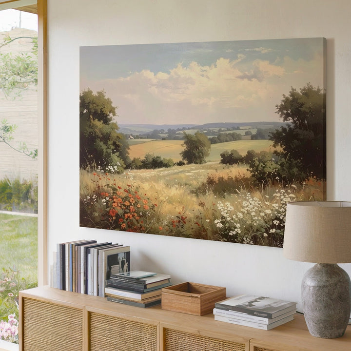 Wildflower Meadow Landscape Canvas – Soft Pastoral Hillside Wall Art - Gifitto