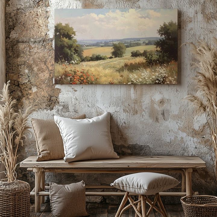 Wildflower Meadow Landscape Canvas – Soft Pastoral Hillside Wall Art - Gifitto