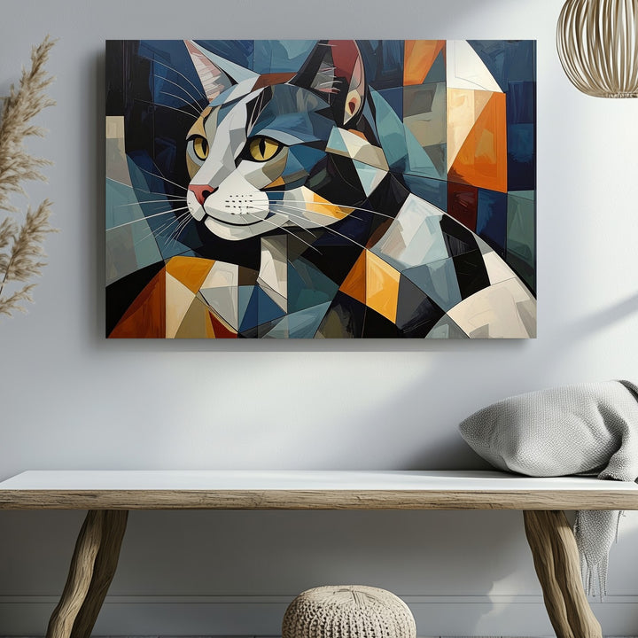 Cubist Cat Canvas – Modern Abstract Geometric Feline Art - Gifitto
