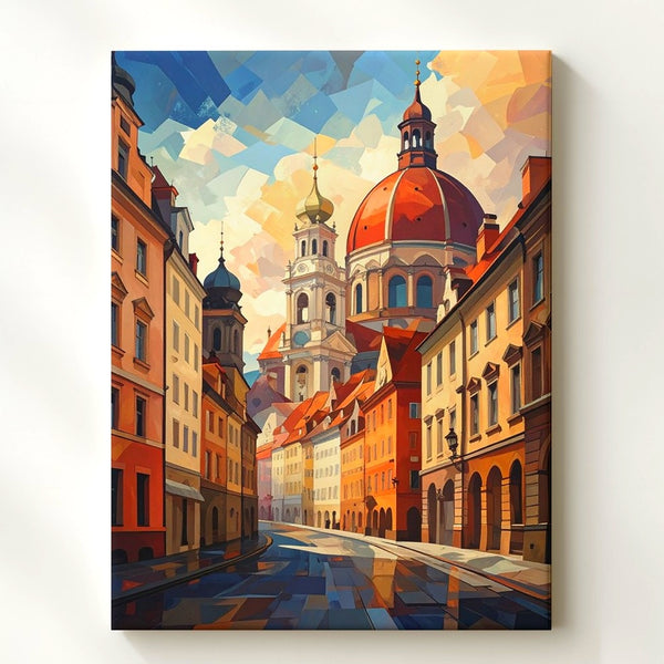 Whimsical European Street Canvas – Stylized Historic Architecture with Abstract Sky