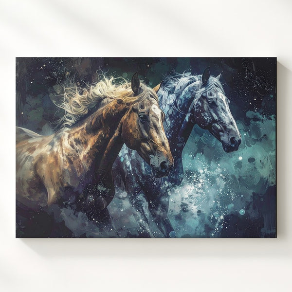 Cosmic Gallop Canvas – Golden and Silver Horses in Dreamlike Space Art - Gifitto