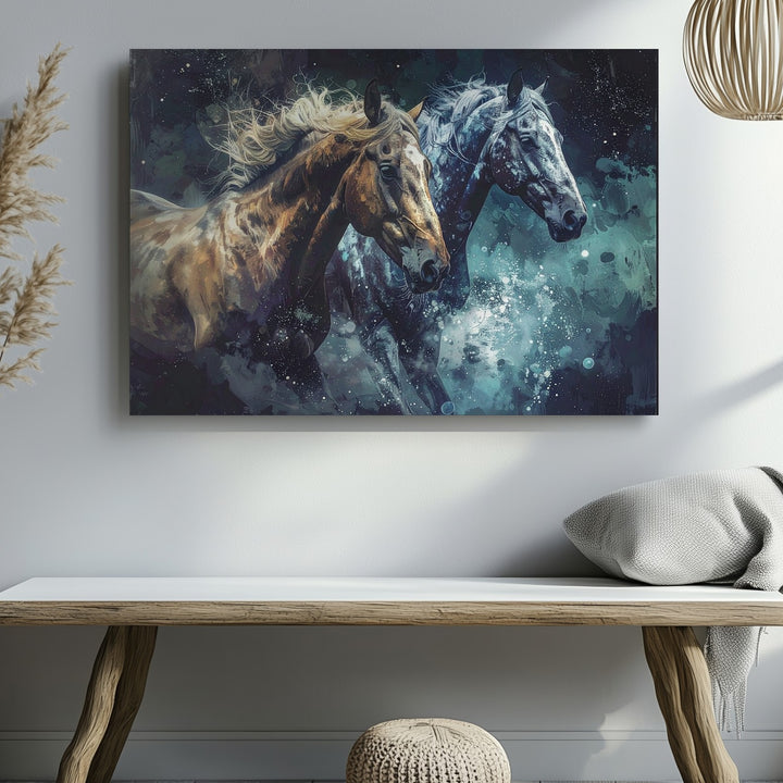 Cosmic Gallop Canvas – Golden and Silver Horses in Dreamlike Space Art - Gifitto