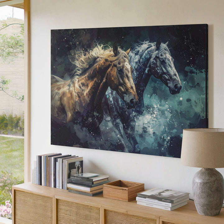 Cosmic Gallop Canvas – Golden and Silver Horses in Dreamlike Space Art - Gifitto