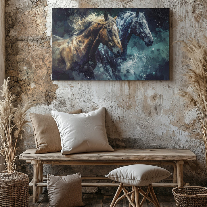 Cosmic Gallop Canvas – Golden and Silver Horses in Dreamlike Space Art - Gifitto