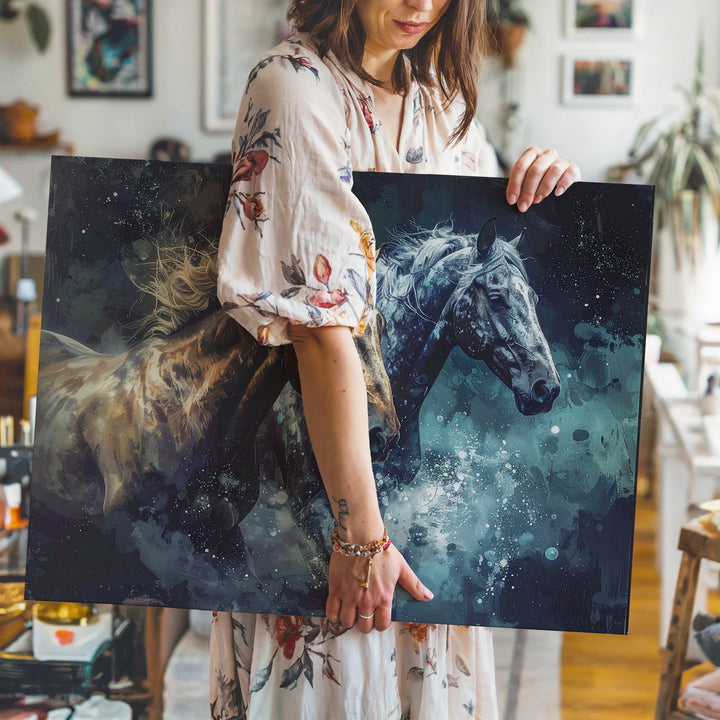 Cosmic Gallop Canvas – Golden and Silver Horses in Dreamlike Space Art - Gifitto