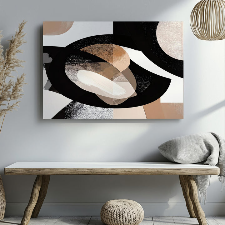 Geometric Balance Canvas – Abstract Art with Black, White, and Beige Organic Form - Gifitto