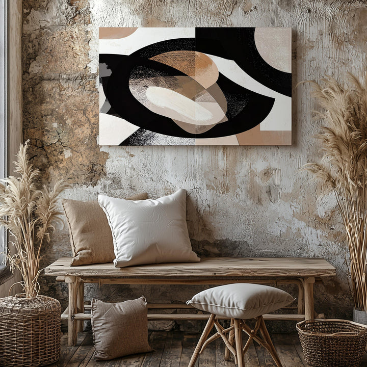 Geometric Balance Canvas – Abstract Art with Black, White, and Beige Organic Form - Gifitto