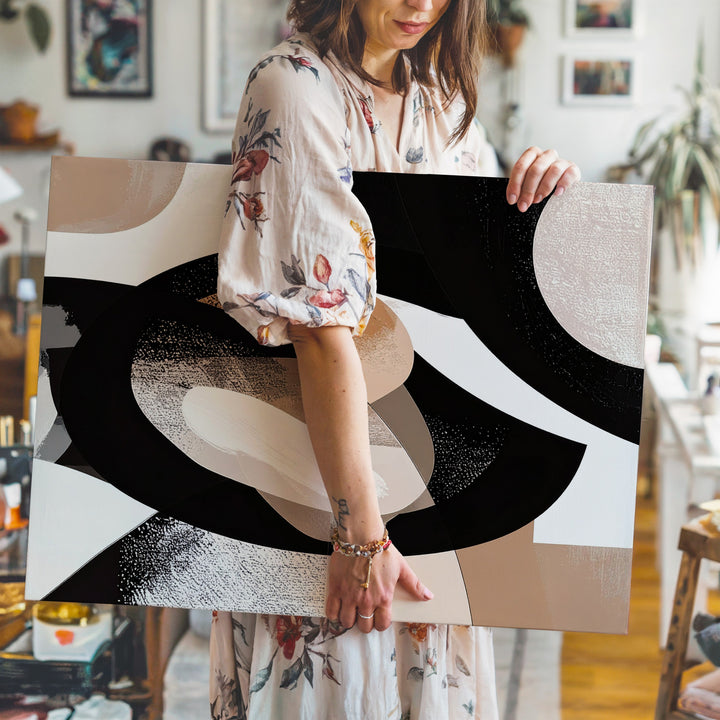 Geometric Balance Canvas – Abstract Art with Black, White, and Beige Organic Form - Gifitto