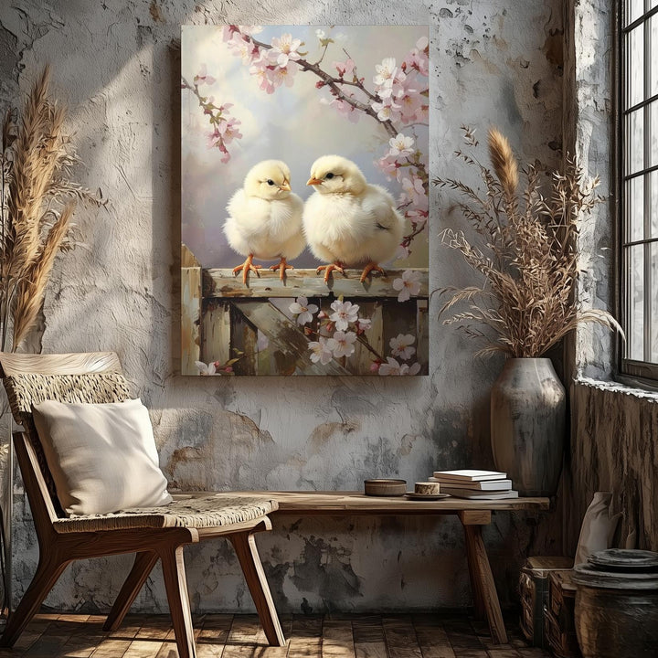 Charming Chicks on Fence Canvas – Springtime Wall Art - Gifitto