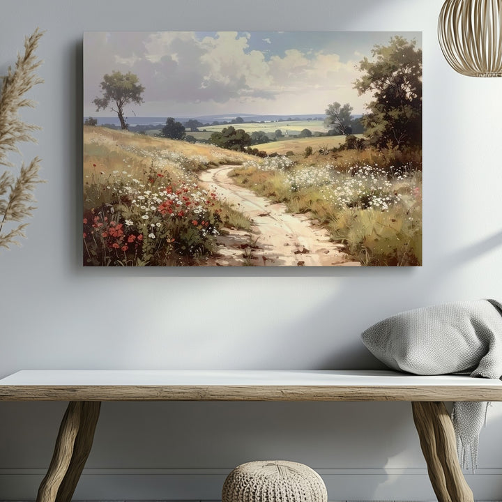 Country Path Through Wildflowers – Romantic Sunlit Landscape Canvas - Gifitto
