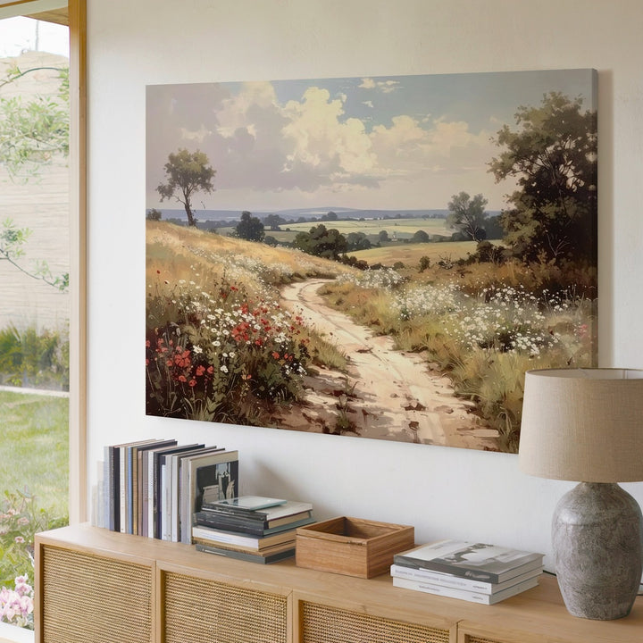 Country Path Through Wildflowers – Romantic Sunlit Landscape Canvas - Gifitto