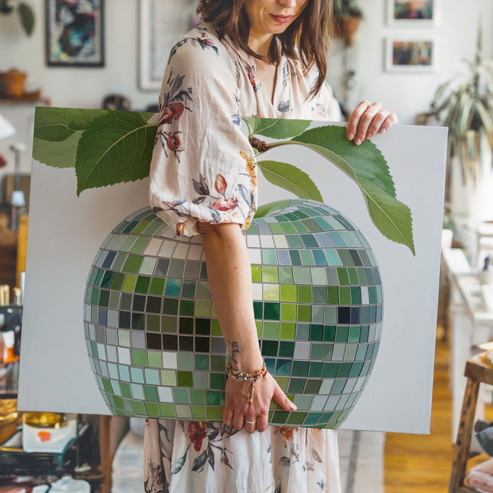 Mosaic Green Apple Canvas – Futuristic Fruit Art with Reflective Tile Effect - Gifitto