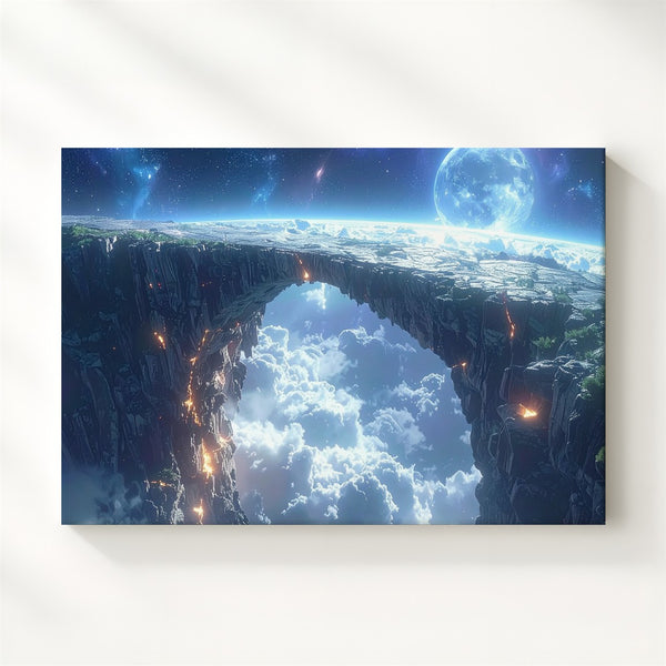 Celestial Bridge Canvas – Alien Stone Arch Above Clouds with Glowing Planet - Gifitto