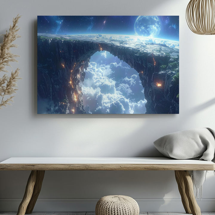 Celestial Bridge Canvas – Alien Stone Arch Above Clouds with Glowing Planet - Gifitto