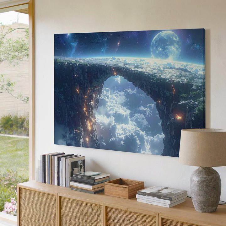 Celestial Bridge Canvas – Alien Stone Arch Above Clouds with Glowing Planet - Gifitto
