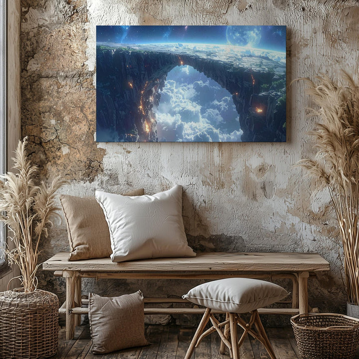 Celestial Bridge Canvas – Alien Stone Arch Above Clouds with Glowing Planet - Gifitto