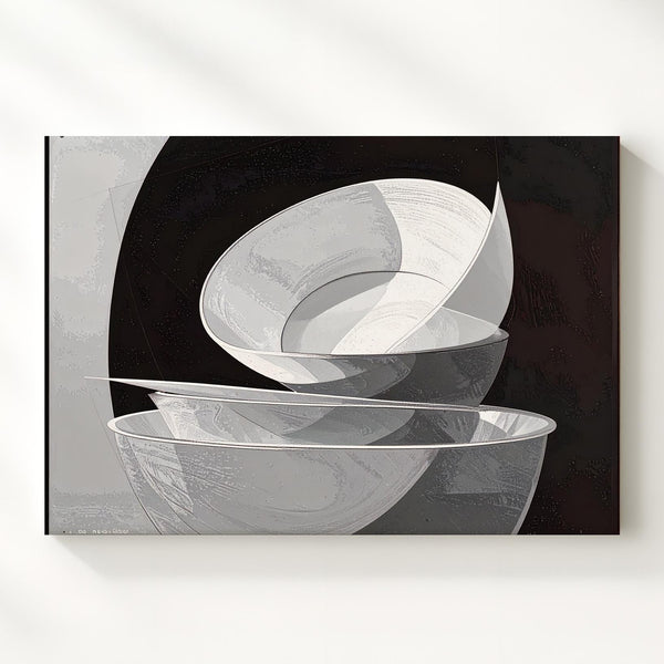 Crescent Shape Canvas – Minimalist Abstract Art with Stacked White Forms on Black - Gifitto