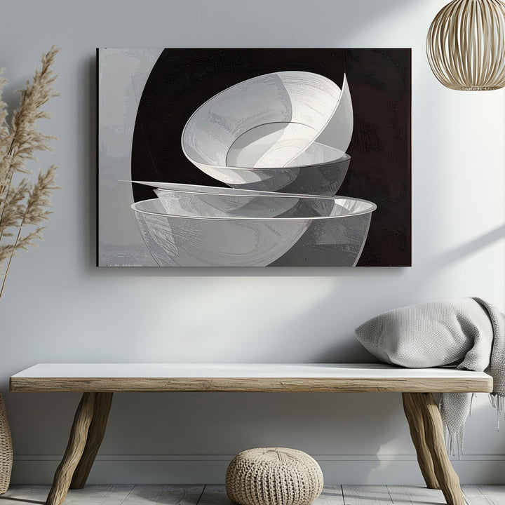 Crescent Shape Canvas – Minimalist Abstract Art with Stacked White Forms on Black - Gifitto