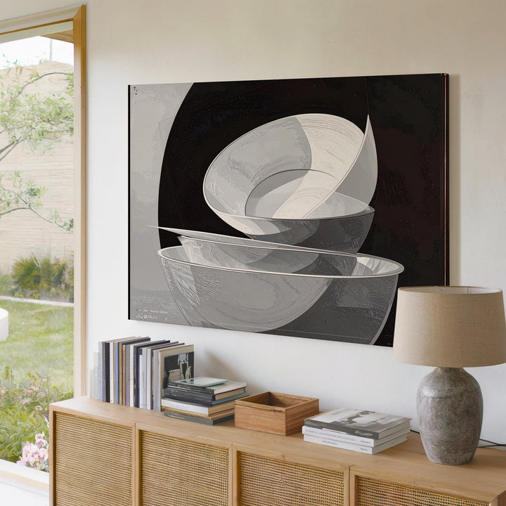 Crescent Shape Canvas – Minimalist Abstract Art with Stacked White Forms on Black - Gifitto