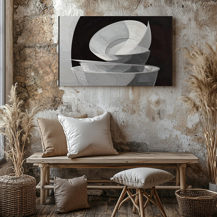 Crescent Shape Canvas – Minimalist Abstract Art with Stacked White Forms on Black - Gifitto