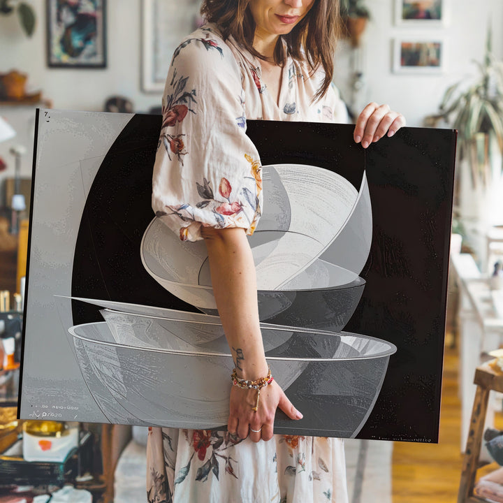 Crescent Shape Canvas – Minimalist Abstract Art with Stacked White Forms on Black - Gifitto