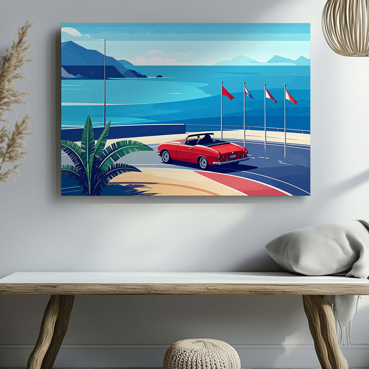 Coastal Curve Canvas – Minimalist Red Convertible on Summer Road - Gifitto