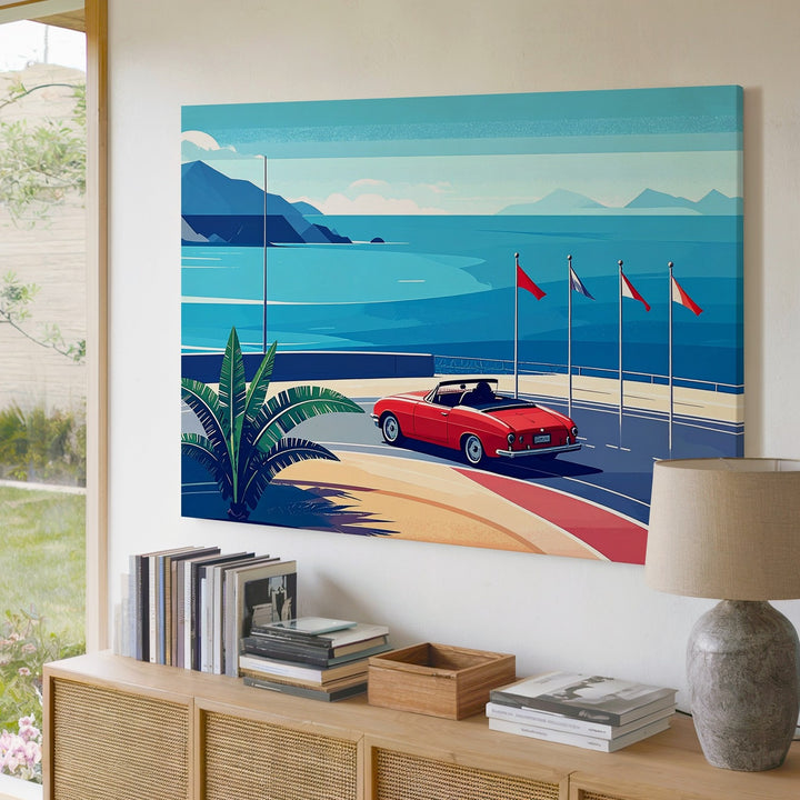 Coastal Curve Canvas – Minimalist Red Convertible on Summer Road - Gifitto