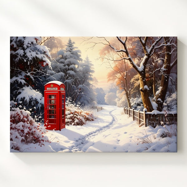 Red Phone Booth Winter Canvas – Glowing Forest Lane with Snow & Nostalgia - Gifitto