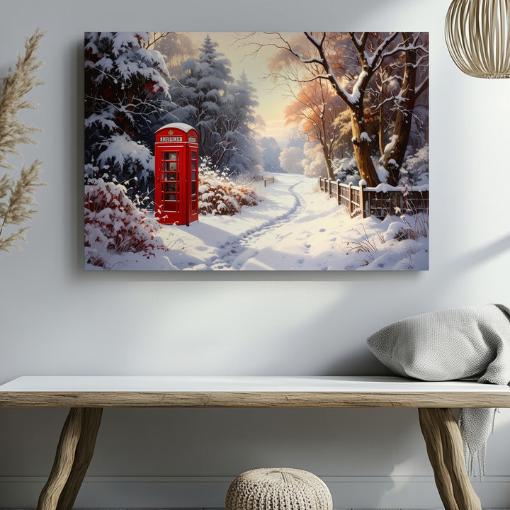 Red Phone Booth Winter Canvas – Glowing Forest Lane with Snow & Nostalgia - Gifitto
